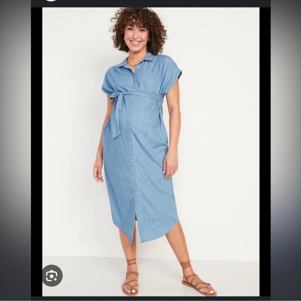 Old Navy Maternity Short-Sleeve Tie-Waist Chambray Midi Dress